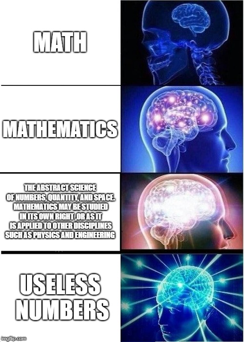 Expanding Brain | MATH; MATHEMATICS; THE ABSTRACT SCIENCE OF NUMBERS, QUANTITY, AND SPACE. MATHEMATICS MAY BE STUDIED IN ITS OWN RIGHT ,OR AS IT IS APPLIED TO OTHER DISCIPLINES SUCH AS PHYSICS AND ENGINEERING; USELESS NUMBERS | image tagged in memes,expanding brain | made w/ Imgflip meme maker