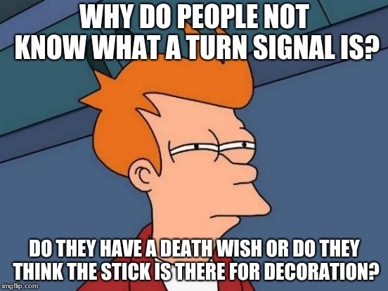 Futurama Fry | WHY DO PEOPLE NOT KNOW WHAT A TURN SIGNAL IS? DO THEY HAVE A DEATH WISH OR DO THEY THINK THE STICK IS THERE FOR DECORATION? | image tagged in memes,futurama fry | made w/ Imgflip meme maker