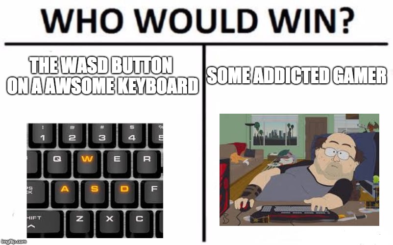 Who Would Win? | THE WASD BUTTON ON A AWSOME KEYBOARD; SOME ADDICTED GAMER | image tagged in memes,who would win,video games,keyboard,gamers,gamer | made w/ Imgflip meme maker