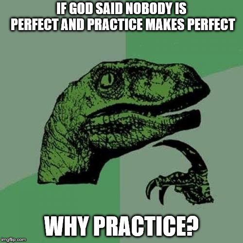Philosoraptor | IF GOD SAID NOBODY IS PERFECT AND PRACTICE MAKES PERFECT; WHY PRACTICE? | image tagged in memes,philosoraptor | made w/ Imgflip meme maker