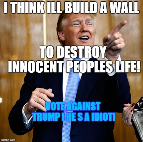 Donald Trump | I THINK ILL BUILD A WALL; TO DESTROY INNOCENT PEOPLES LIFE! VOTE AGAINST TRUMP ! HE
S A IDIOT! | image tagged in donald trump | made w/ Imgflip meme maker