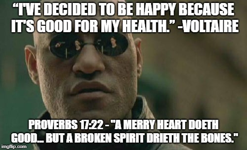 Matrix Morpheus Meme | “I'VE DECIDED TO BE HAPPY BECAUSE IT'S GOOD FOR MY HEALTH.” -VOLTAIRE; PROVERBS 17:22 - "A MERRY HEART DOETH GOOD... BUT A BROKEN SPIRIT DRIETH THE BONES." | image tagged in memes,matrix morpheus | made w/ Imgflip meme maker