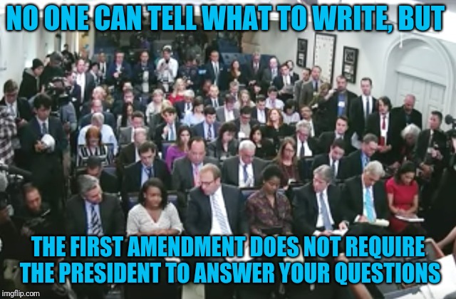 Dear Media | NO ONE CAN TELL WHAT TO WRITE, BUT; THE FIRST AMENDMENT DOES NOT REQUIRE THE PRESIDENT TO ANSWER YOUR QUESTIONS | image tagged in white house press corps | made w/ Imgflip meme maker
