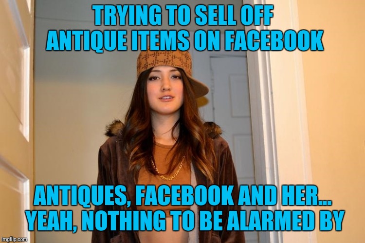 This Is How You Lose A Kidney | TRYING TO SELL OFF ANTIQUE ITEMS ON FACEBOOK; ANTIQUES, FACEBOOK AND HER... YEAH, NOTHING TO BE ALARMED BY | image tagged in scumbag stephanie | made w/ Imgflip meme maker