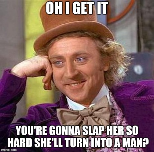 Creepy Condescending Wonka Meme | OH I GET IT YOU'RE GONNA SLAP HER SO HARD SHE'LL TURN INTO A MAN? | image tagged in memes,creepy condescending wonka | made w/ Imgflip meme maker