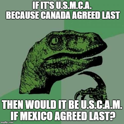 Philosoraptor | IF IT'S U.S.M.C.A. BECAUSE CANADA AGREED LAST; THEN WOULD IT BE U.S.C.A.M. IF MEXICO AGREED LAST? | image tagged in memes,philosoraptor | made w/ Imgflip meme maker