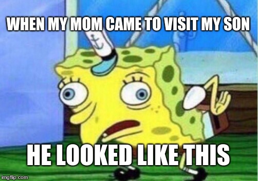 Mocking Spongebob Meme | WHEN MY MOM CAME TO VISIT MY SON; HE LOOKED LIKE THIS | image tagged in memes,mocking spongebob | made w/ Imgflip meme maker