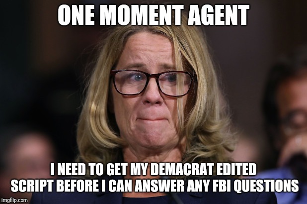 Christine Blasey Ford | ONE MOMENT AGENT; I NEED TO GET MY DEMACRAT EDITED SCRIPT BEFORE I CAN ANSWER ANY FBI QUESTIONS | image tagged in christine blasey ford | made w/ Imgflip meme maker