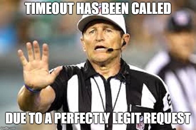 Ref 2 | TIMEOUT HAS BEEN CALLED DUE TO A PERFECTLY LEGIT REQUEST | image tagged in ref 2 | made w/ Imgflip meme maker