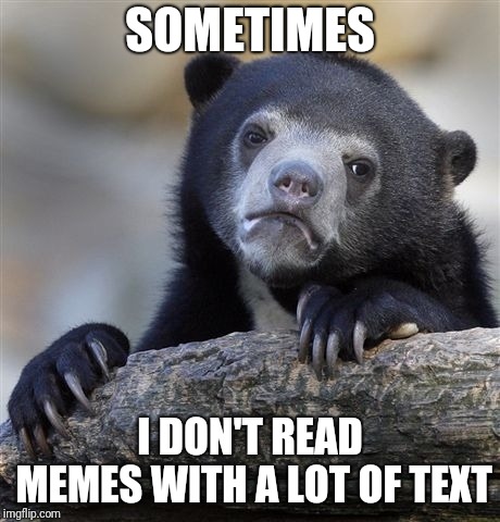 Confession Bear Meme | SOMETIMES I DON'T READ MEMES WITH A LOT OF TEXT | image tagged in memes,confession bear | made w/ Imgflip meme maker