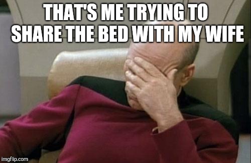 Captain Picard Facepalm Meme | THAT'S ME TRYING TO SHARE THE BED WITH MY WIFE | image tagged in memes,captain picard facepalm | made w/ Imgflip meme maker