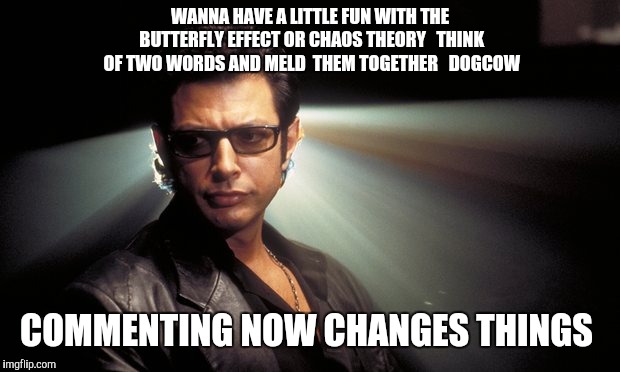 Dr Ian Malcolm | WANNA HAVE A LITTLE FUN WITH THE BUTTERFLY EFFECT OR CHAOS THEORY 

THINK OF TWO WORDS AND MELD  THEM TOGETHER 

DOGCOW; COMMENTING NOW CHANGES THINGS | image tagged in dr ian malcolm | made w/ Imgflip meme maker