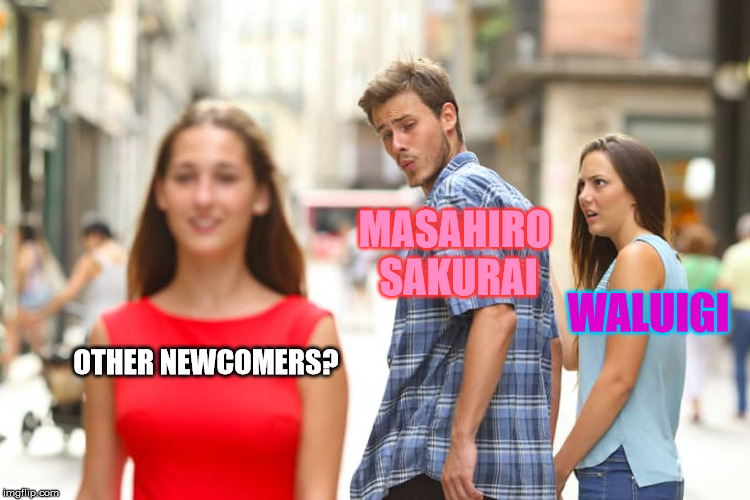 Distracted Boyfriend | MASAHIRO SAKURAI; WALUIGI; OTHER NEWCOMERS? | image tagged in memes,distracted boyfriend | made w/ Imgflip meme maker