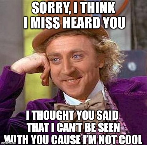 Creepy Condescending Wonka Meme | SORRY, I THINK I MISS HEARD YOU; I THOUGHT YOU SAID THAT I CAN’T BE SEEN WITH YOU CAUSE I’M NOT COOL | image tagged in memes,creepy condescending wonka | made w/ Imgflip meme maker