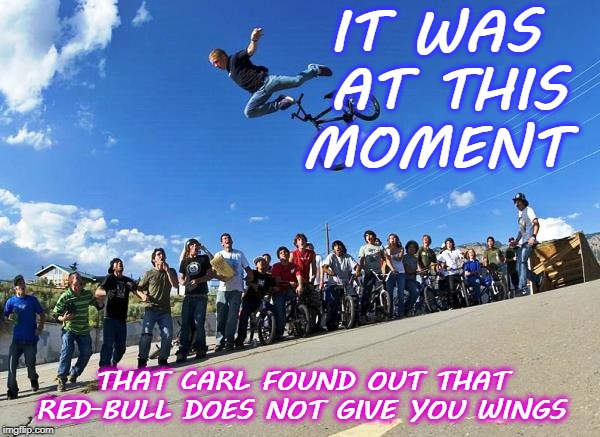 red-bull  | IT WAS AT THIS MOMENT; THAT CARL FOUND OUT THAT RED-BULL DOES NOT GIVE YOU WINGS | image tagged in wings | made w/ Imgflip meme maker