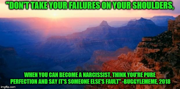 That motivation, brudda | "DON'T TAKE YOUR FAILURES ON YOUR SHOULDERS, WHEN YOU CAN BECOME A NARCISSIST, THINK YOU'RE PURE PERFECTION AND SAY IT'S SOMEONE ELSE'S FAULT" -BUGGYLEMEME, 2018 | image tagged in motivation,memes,failure,narcissist,parody | made w/ Imgflip meme maker
