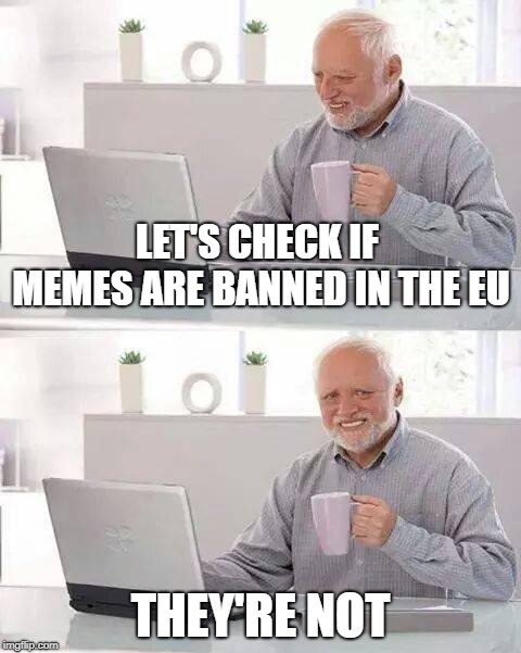 Hide the Pain Harold Meme | LET'S CHECK IF MEMES ARE BANNED IN THE EU; THEY'RE NOT | image tagged in memes,hide the pain harold | made w/ Imgflip meme maker