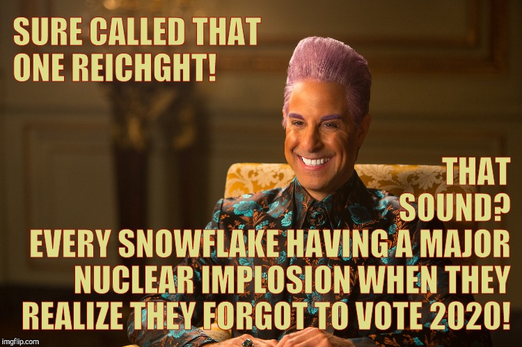 Hunger Games/Caesar Flickerman (Stanley Tucci) "heh heh heh" | SURE CALLED THAT ONE REICHGHT! THAT                            SOUND? EVERY SNOWFLAKE HAVING A MAJOR NUCLEAR IMPLOSION WHEN THEY REALIZE THE | image tagged in hunger games/caesar flickerman stanley tucci heh heh heh | made w/ Imgflip meme maker