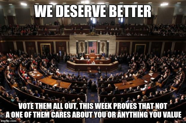 congress | WE DESERVE BETTER; VOTE THEM ALL OUT, THIS WEEK PROVES THAT NOT A ONE OF THEM CARES ABOUT YOU OR ANYTHING YOU VALUE | image tagged in congress | made w/ Imgflip meme maker