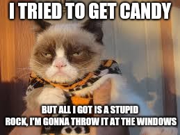Grumpy Cat's worst Halloween | I TRIED TO GET CANDY; BUT ALL I GOT IS A STUPID ROCK, I'M GONNA THROW IT AT THE WINDOWS | image tagged in memes,grumpy cat halloween,grumpy cat,halloween | made w/ Imgflip meme maker