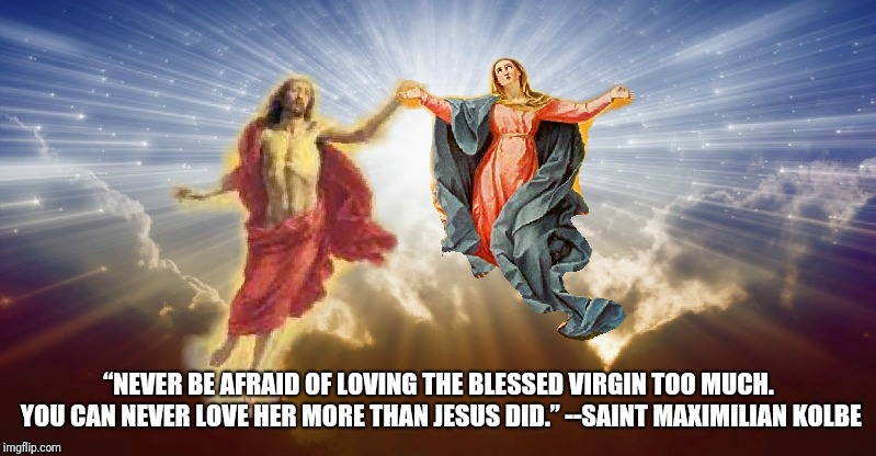 Love your mother | “NEVER BE AFRAID OF LOVING THE BLESSED VIRGIN TOO MUCH. YOU CAN NEVER LOVE HER MORE THAN JESUS DID.”
--SAINT MAXIMILIAN KOLBE | image tagged in catholic,holy spirit,mother of god,mary,mothers,virgin | made w/ Imgflip meme maker
