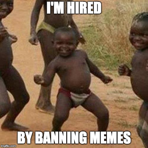 Third World Success Kid | I'M HIRED; BY BANNING MEMES | image tagged in memes,third world success kid | made w/ Imgflip meme maker