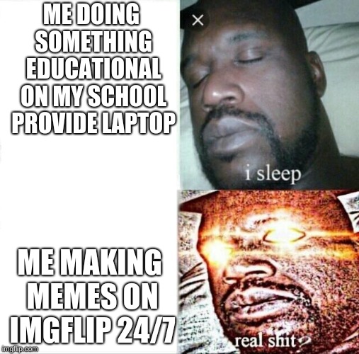 Sleeping Shaq Meme | ME DOING SOMETHING EDUCATIONAL ON MY SCHOOL PROVIDE LAPTOP; ME MAKING MEMES ON IMGFLIP 24/7 | image tagged in memes,sleeping shaq | made w/ Imgflip meme maker