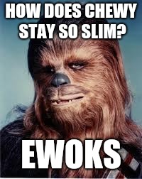 chewbacca | HOW DOES CHEWY STAY SO SLIM? EWOKS | image tagged in chewbacca | made w/ Imgflip meme maker