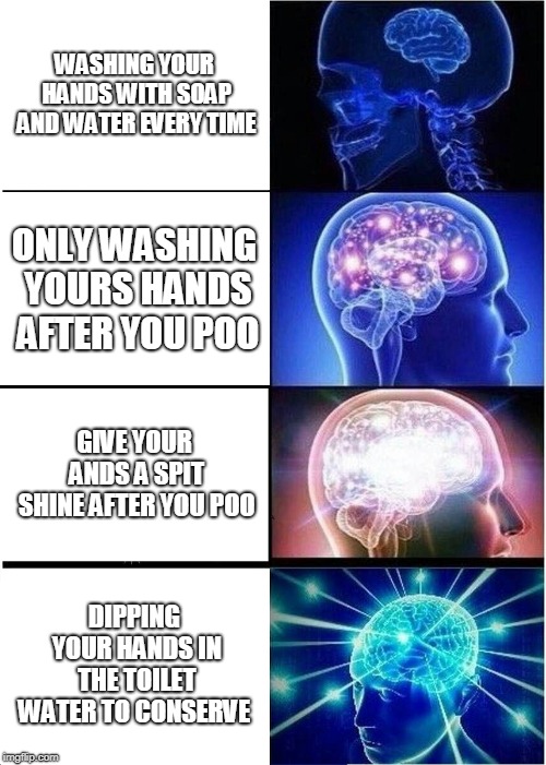 Expanding Brain Meme | WASHING YOUR HANDS WITH SOAP AND WATER EVERY TIME; ONLY WASHING YOURS HANDS AFTER YOU POO; GIVE YOUR ANDS A SPIT SHINE AFTER YOU POO; DIPPING YOUR HANDS IN THE TOILET WATER TO CONSERVE | image tagged in memes,expanding brain | made w/ Imgflip meme maker