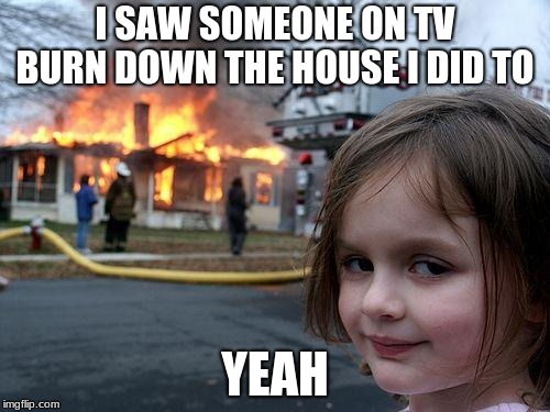 Disaster Girl Meme | I SAW SOMEONE ON TV BURN DOWN THE HOUSE I DID TO; YEAH | image tagged in memes,disaster girl | made w/ Imgflip meme maker