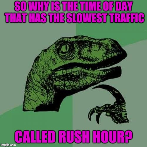 Philosoraptor | SO WHY IS THE TIME OF DAY THAT HAS THE SLOWEST TRAFFIC; CALLED RUSH HOUR? | image tagged in memes,philosoraptor | made w/ Imgflip meme maker
