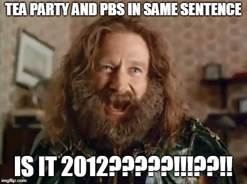 What Year Is It Meme | TEA PARTY AND PBS IN SAME SENTENCE IS IT 2012?????!!!??!! | image tagged in memes,what year is it | made w/ Imgflip meme maker