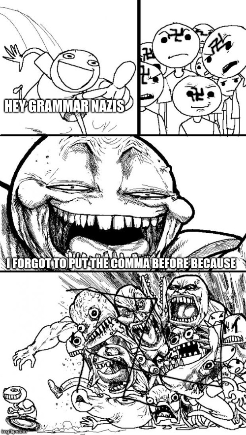 A very common mistake, but a forgotten one indeed | HEY GRAMMAR NAZIS; I FORGOT TO PUT THE COMMA BEFORE BECAUSE | image tagged in memes,hey internet | made w/ Imgflip meme maker
