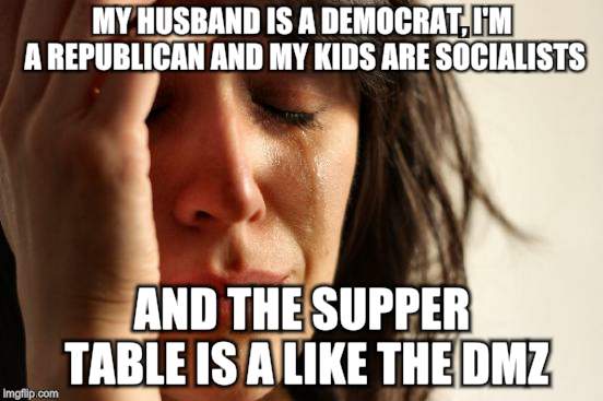 First World Problems | MY HUSBAND IS A DEMOCRAT, I'M A REPUBLICAN AND MY KIDS ARE SOCIALISTS; AND THE SUPPER TABLE IS A LIKE THE DMZ | image tagged in memes,first world problems | made w/ Imgflip meme maker