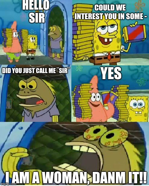 Chocolate Spongebob | HELLO SIR; COULD WE INTEREST YOU IN SOME -; YES; DID YOU JUST CALL ME ¨SIR¨; I AM A WOMAN, DANM IT!! | image tagged in memes,chocolate spongebob | made w/ Imgflip meme maker