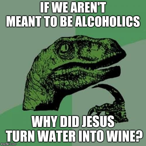 Philosoraptor | IF WE AREN'T MEANT TO BE ALCOHOLICS; WHY DID JESUS TURN WATER INTO WINE? | image tagged in memes,philosoraptor | made w/ Imgflip meme maker