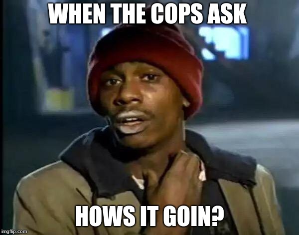 Y'all Got Any More Of That | WHEN THE COPS ASK; HOWS IT GOIN? | image tagged in memes,y'all got any more of that | made w/ Imgflip meme maker