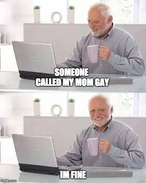 Hide the Pain Harold | SOMEONE CALLED MY MOM GAY; IM FINE | image tagged in memes,hide the pain harold | made w/ Imgflip meme maker