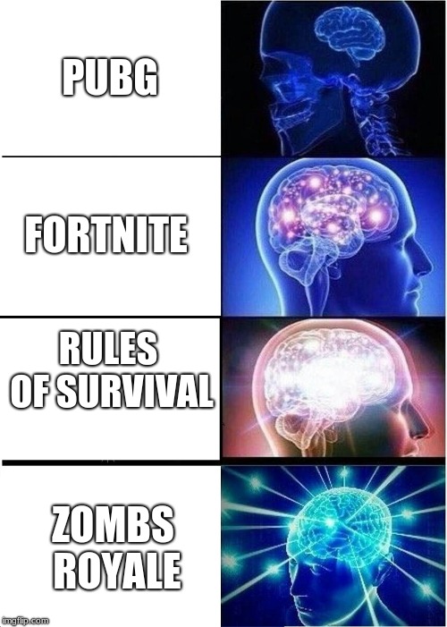 Expanding Brain | PUBG; FORTNITE; RULES OF SURVIVAL; ZOMBS ROYALE | image tagged in memes,expanding brain | made w/ Imgflip meme maker