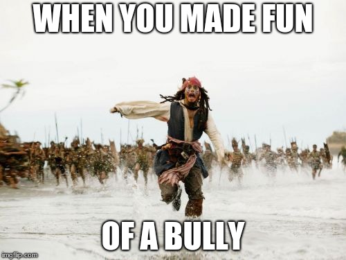 Jack Sparrow Being Chased | WHEN YOU MADE FUN; OF A BULLY | image tagged in memes,jack sparrow being chased | made w/ Imgflip meme maker