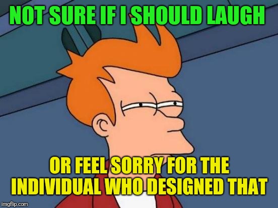 Futurama Fry Meme | NOT SURE IF I SHOULD LAUGH OR FEEL SORRY FOR THE INDIVIDUAL WHO DESIGNED THAT | image tagged in memes,futurama fry | made w/ Imgflip meme maker