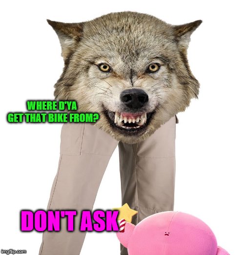 Wolfpants the Great | DON'T ASK WHERE D'YA GET THAT BIKE FROM? | image tagged in wolfpants the great | made w/ Imgflip meme maker