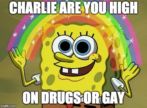 Imagination Spongebob | CHARLIE ARE YOU HIGH; ON DRUGS OR GAY | image tagged in memes,imagination spongebob | made w/ Imgflip meme maker