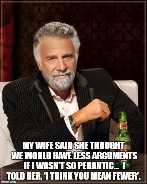 The Most Interesting Man In The World | MY WIFE SAID SHE THOUGHT WE WOULD HAVE LESS ARGUMENTS IF I WASN'T SO PEDANTIC...

I TOLD HER, 'I THINK YOU MEAN FEWER'. | image tagged in memes,the most interesting man in the world | made w/ Imgflip meme maker