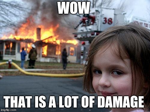 Disaster Girl Meme | WOW; THAT IS A LOT OF DAMAGE | image tagged in memes,disaster girl | made w/ Imgflip meme maker