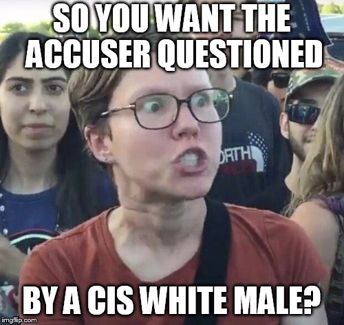 Triggered feminist | SO YOU WANT THE ACCUSER QUESTIONED BY A CIS WHITE MALE? | image tagged in triggered feminist | made w/ Imgflip meme maker