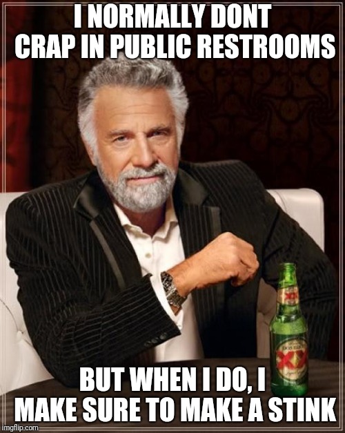 The Most Interesting Man In The World Meme | I NORMALLY DONT CRAP IN PUBLIC RESTROOMS; BUT WHEN I DO, I MAKE SURE TO MAKE A STINK | image tagged in memes,the most interesting man in the world | made w/ Imgflip meme maker