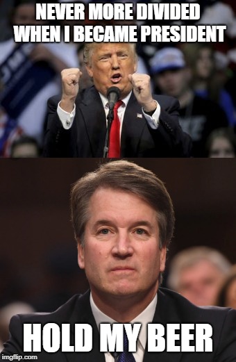 NEVER MORE DIVIDED WHEN I BECAME PRESIDENT; HOLD MY BEER | image tagged in donald trump,brett kavanaugh,beer,usa,country,division | made w/ Imgflip meme maker