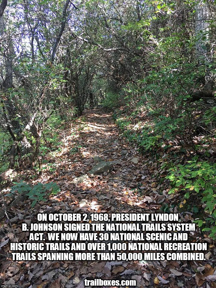 National Trails | ON OCTOBER 2, 1968, PRESIDENT LYNDON B. JOHNSON SIGNED THE NATIONAL TRAILS SYSTEM ACT.  WE NOW HAVE 30 NATIONAL SCENIC AND HISTORIC TRAILS AND OVER 1,000 NATIONAL RECREATION TRAILS SPANNING MORE THAN 50,000 MILES COMBINED. trailboxes.com | image tagged in hiking | made w/ Imgflip meme maker