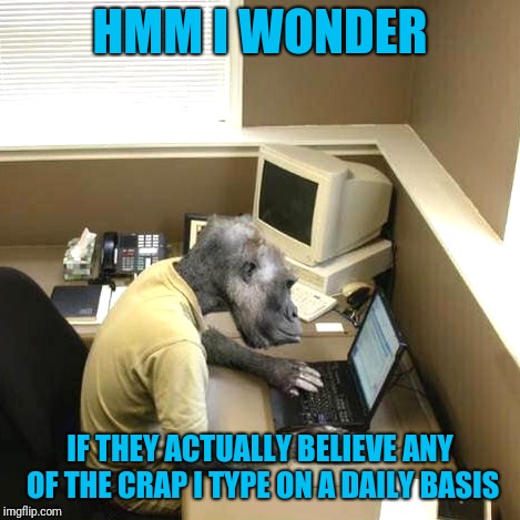 One of a hundred monkeys typing randomly. | HMM I WONDER; IF THEY ACTUALLY BELIEVE ANY OF THE CRAP I TYPE ON A DAILY BASIS | image tagged in memes,monkey business | made w/ Imgflip meme maker